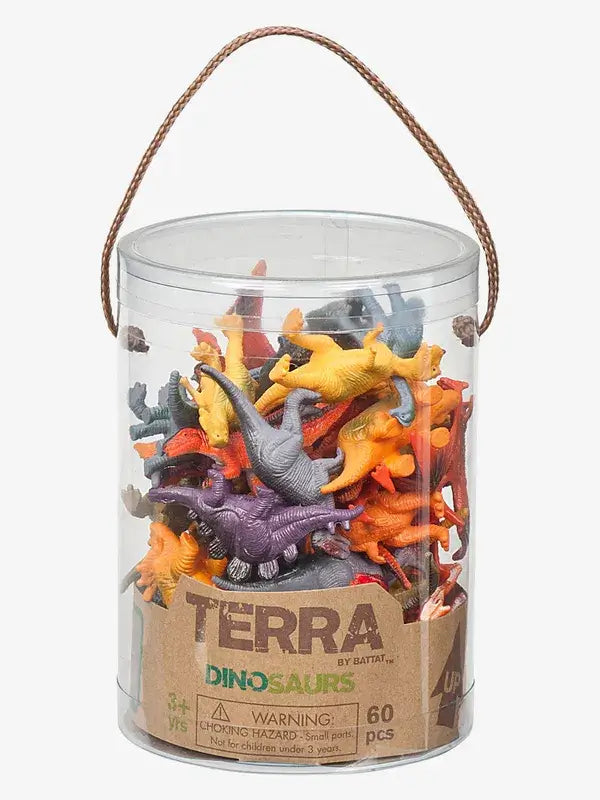 Clear plastic tube with rope handle filled with 60 small, colorful plastic dinosaur figurines.