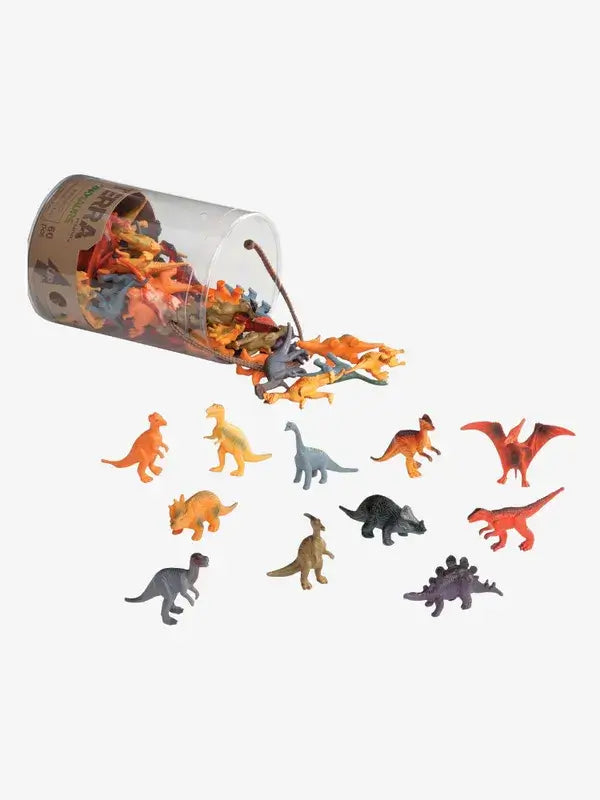 Dozens of colorful miniature plastic dinosaurs spilling from a clear tube container onto a white background.
