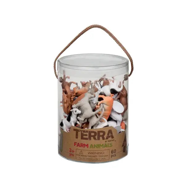 Clear plastic tube with a rope handle filled with 60 assorted colorful miniature plastic farm animal figurines.