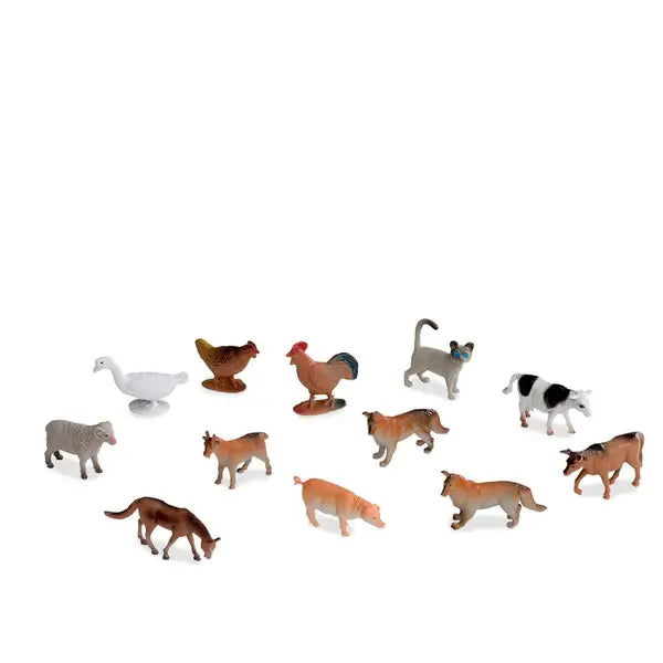 Twelve assorted plastic farm animal figures including a cow, pig, and sheep on a plain white background.