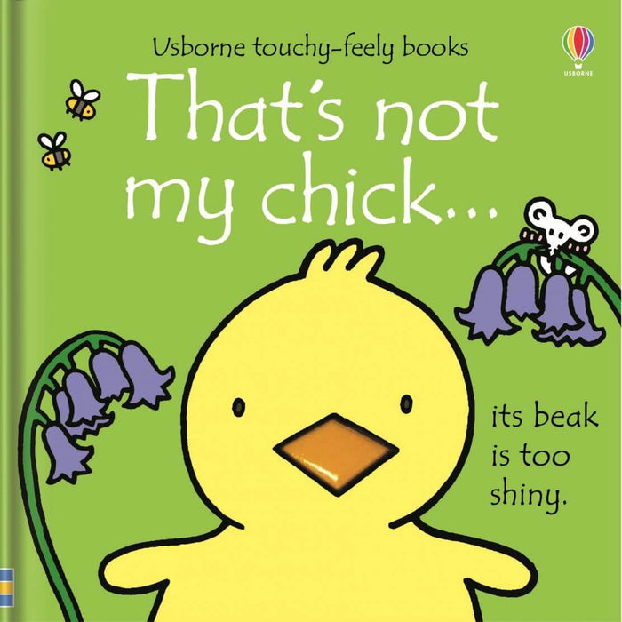 Green board book cover with a yellow chick, shiny orange beak, white mouse, and purple bell-shaped flowers.