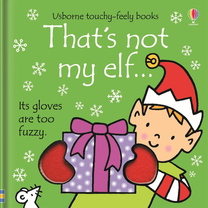 Green book cover featuring a cartoon elf in red fuzzy mittens holding a purple gift box with a pink bow.