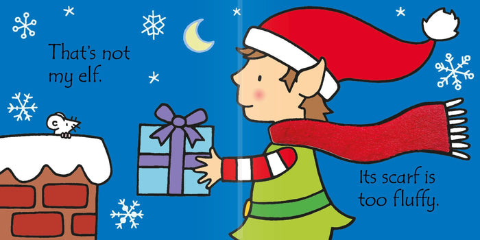 Cartoon elf in a red hat and long scarf holding a blue gift box against a snowy night sky with a crescent moon.