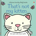 Mint green board book cover with a white cat face, fuzzy pink ears, butterflies, and a small white mouse.