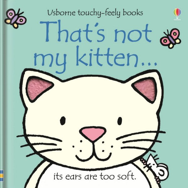 Mint green board book cover with a white cat face, fuzzy pink ears, butterflies, and a small white mouse.