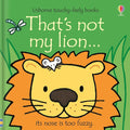 Board book cover with a friendly cartoon lion, orange mane, tactile fuzzy nose, and a small mouse on a green background.