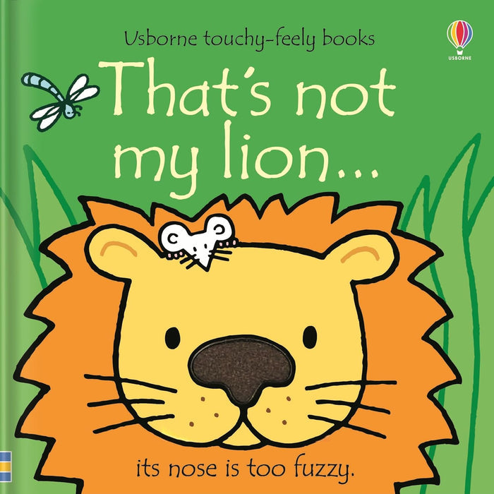 Board book cover with a friendly cartoon lion, orange mane, tactile fuzzy nose, and a small mouse on a green background.