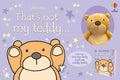 Tan plush bear and illustrated board book set on a light purple background with stars and a small white mouse.
