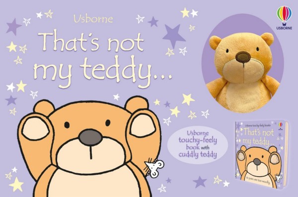 Tan plush bear and illustrated board book set on a light purple background with stars and a small white mouse.