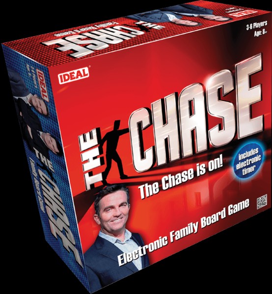 Red and blue box for The Chase board game featuring host Bradley Walsh, silver logo, and electronic timer icon.