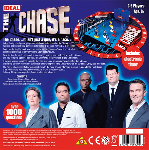 Blue and red The Chase board game box with round game board, electronic timer icon, and photos of five cast members.