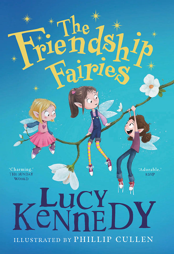 Three young fairies with wings and pointed ears play on a flowering branch against a starry blue background.