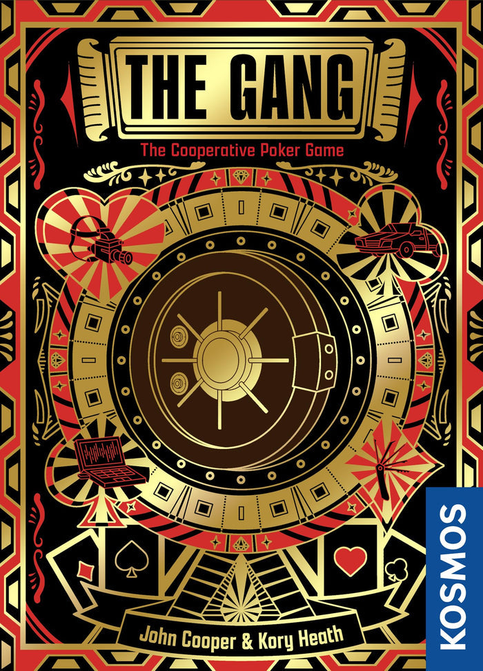 Red, gold, and black game box with a central bank vault, playing card suit icons, and heist gear in Art Deco style.