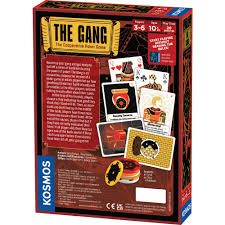 Back of a red board game box showing illustrated cards, poker chips, and game descriptions for The Gang.