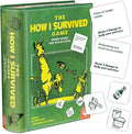 Green book-style box for The How I Survived Game with a yellow llama, scenario cards, and illustrated item tokens.