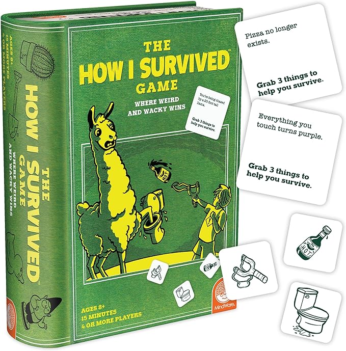 Green book-style box for The How I Survived Game with a yellow llama, scenario cards, and illustrated item tokens.