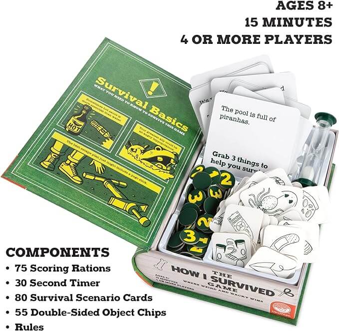 Open green book-shaped game box with scenario cards, green numbered tokens, illustrated object chips, and a sand timer.