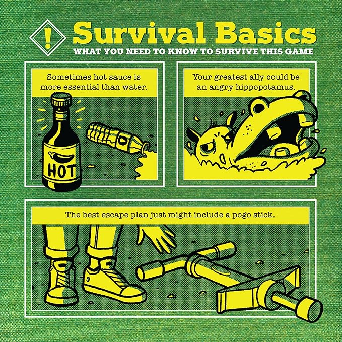 Yellow and green Survival Basics graphic with quirky illustrations of hot sauce, an angry hippo, and a pogo stick.