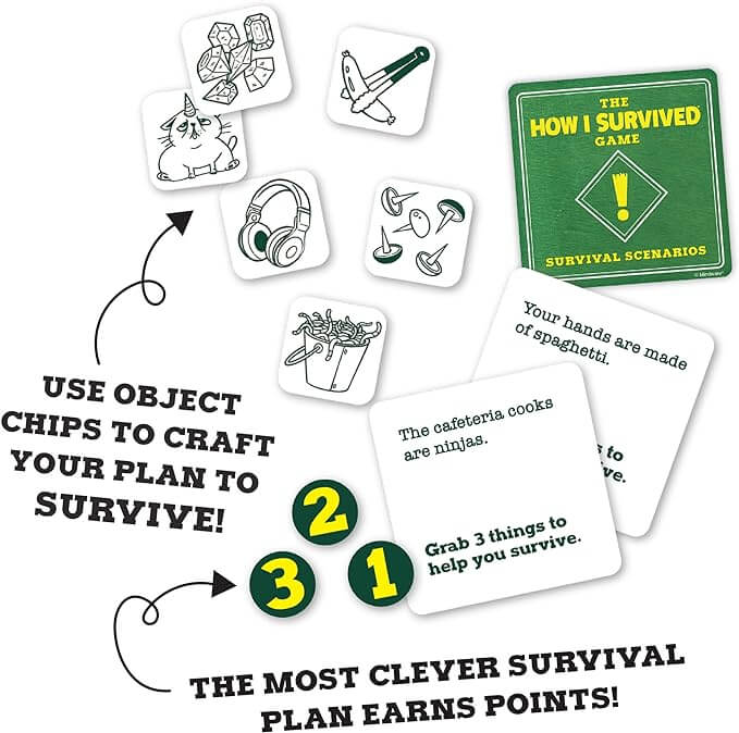 Survival scenario cards, illustrated object chips, and green numbered tokens for the How I Survived party game.