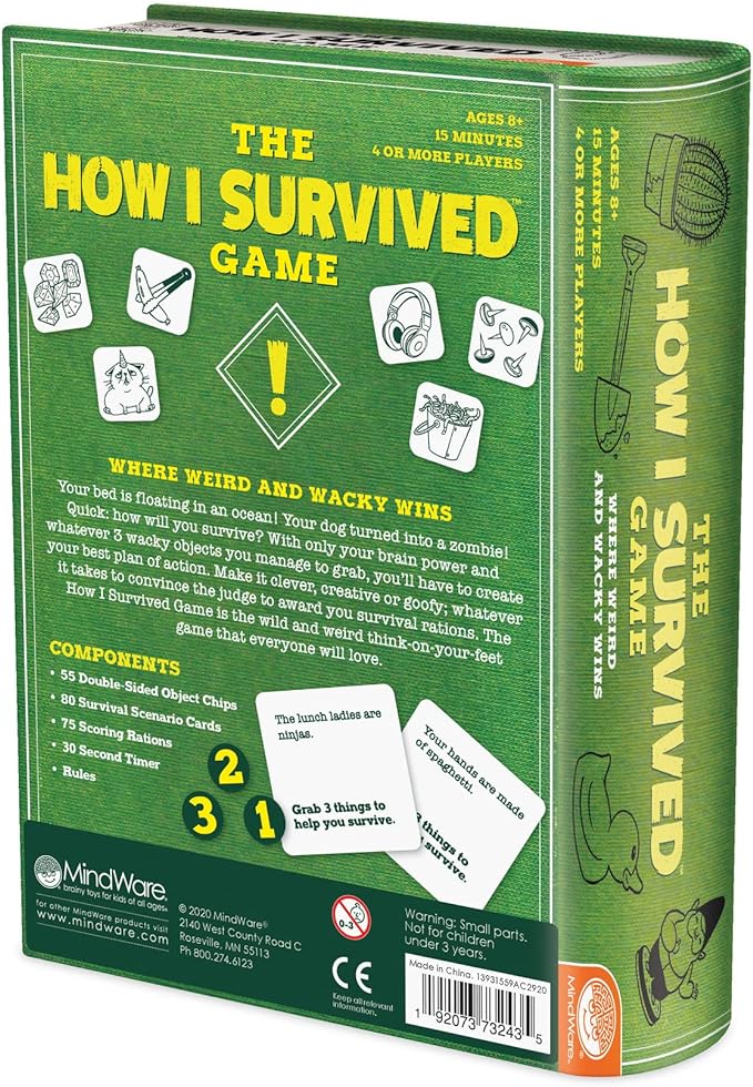 Green game box back featuring yellow title text, white icons of random objects, and sample scenario cards at the bottom.
