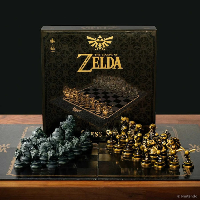 The Legend of Zelda chess set featuring gold and dark metallic character figurines on a black and gold themed board.