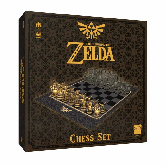 Brown Zelda Chess Set box with gold Triforce patterns, featuring gold and dark grey figures on a checkerboard.