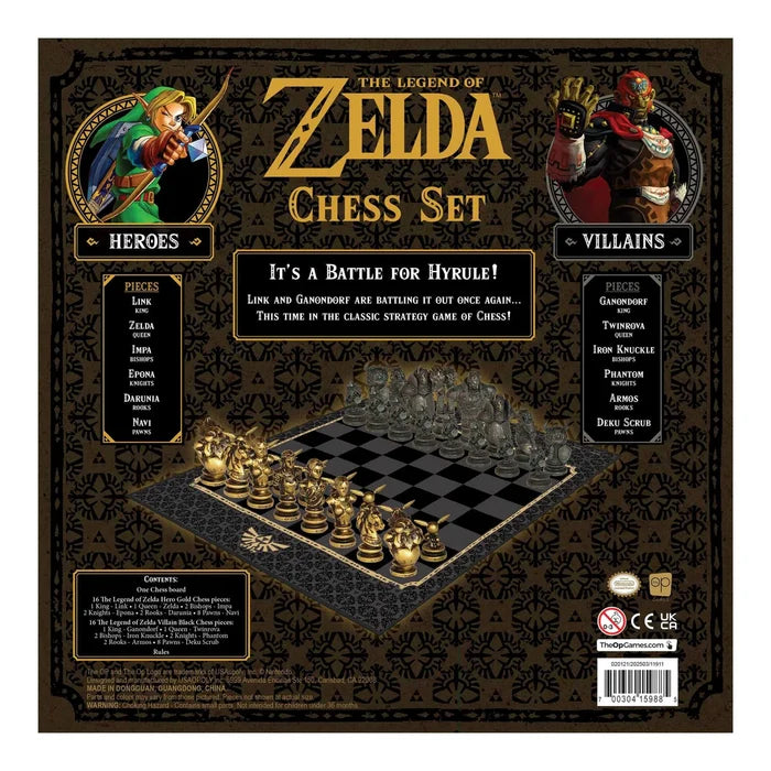 Back of Zelda chess set box showing gold and black character pieces, a game board, and artwork of Link and Ganondorf.