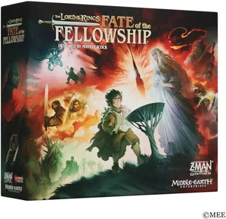 Rectangular board game box with vibrant red and green art of Frodo and Galadriel in a swirling fantasy landscape.