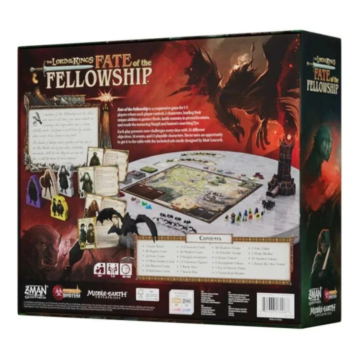 Back of a board game box showing the game board, cards, and miniatures with artwork of a dark beast in a red sky.