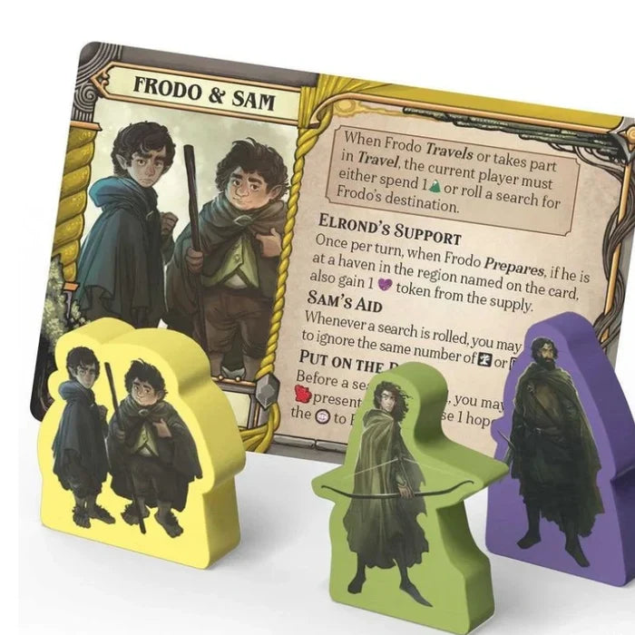Frodo & Sam character card behind yellow, green, and purple wooden standees with Lord of the Rings character art.