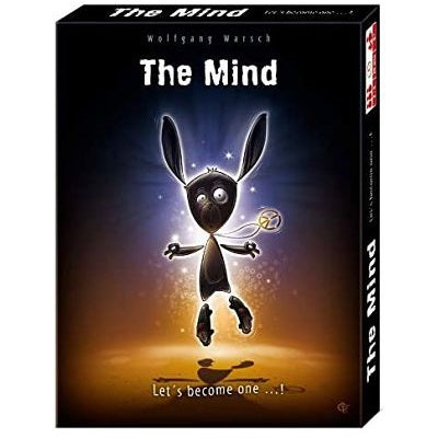 Black game box for The Mind featuring a floating dark creature with long ears against a glowing orange background.