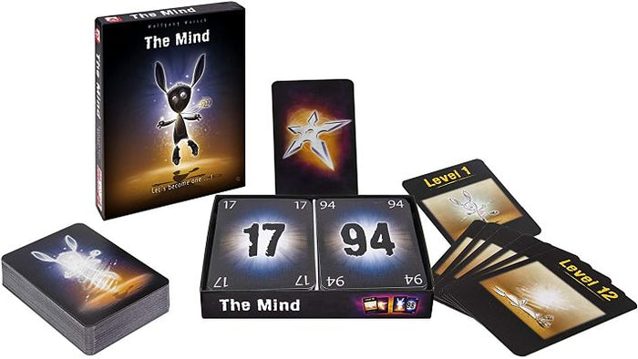 Card game set featuring a black box with a rabbit character, numbered cards 17 and 94, level cards, and a shuriken.
