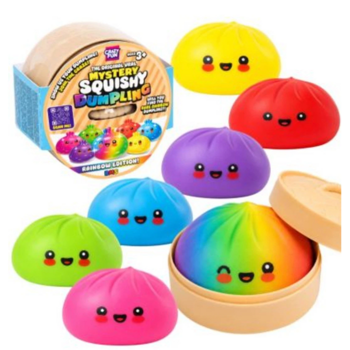 Colorful squishy dumplings with happy faces shown with a mystery steamer basket and a rainbow edition dumpling.