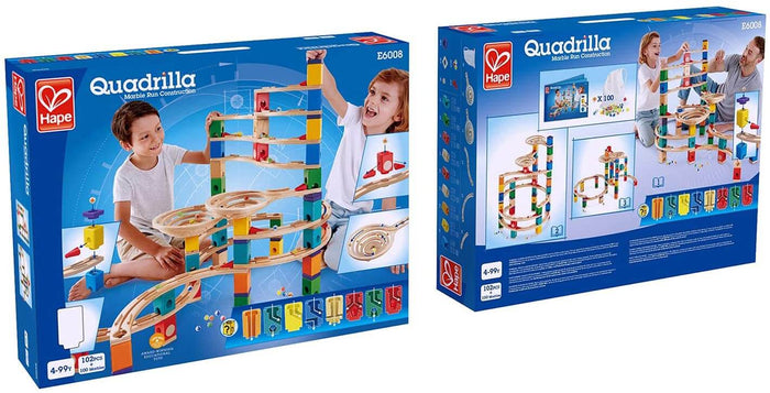 Blue packaging for a 102-piece wooden marble run showing colorful blocks, spiral tracks, and children playing.