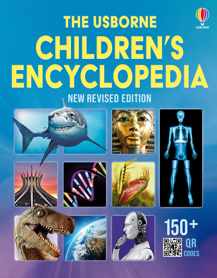 Blue book cover with a grid of images: a shark, robot, dinosaur, and DNA. Text notes 150+ QR codes.