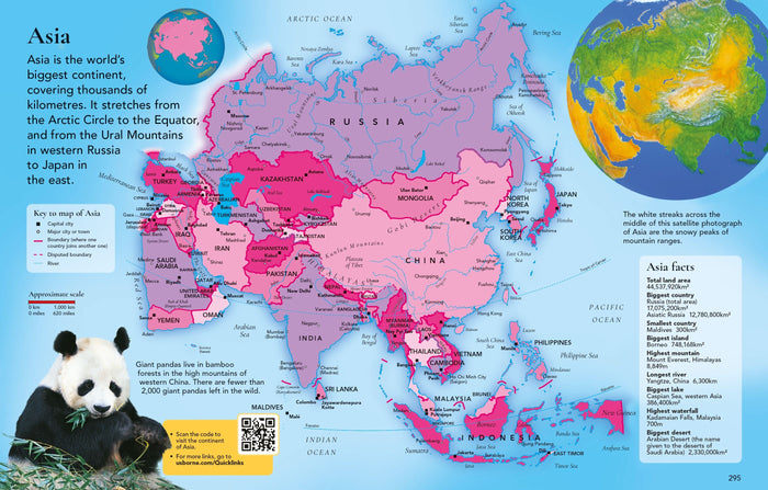 Pink map of Asia from a children's book with a panda illustration, a satellite globe, and geographic facts.
