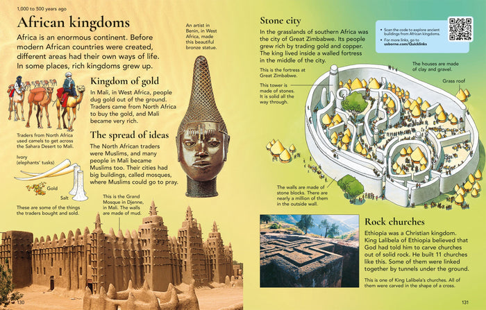 Colorful encyclopedia spread about ancient African kingdoms with illustrations of mud mosques and stone cities.