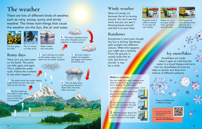 Brightly illustrated pages from a children's encyclopedia detailing weather patterns, the water cycle, and rainbows.