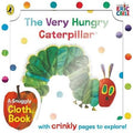 The cover of The Very Hungry Caterpillar snuggly cloth book featuring a green caterpillar and colorful dots.