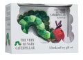 A white gift box containing a green and red plush caterpillar toy and a board book by Eric Carle.