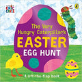Lift-the-flap book cover with The Very Hungry Caterpillar, a large spotted purple egg, and a yellow chick on green grass.