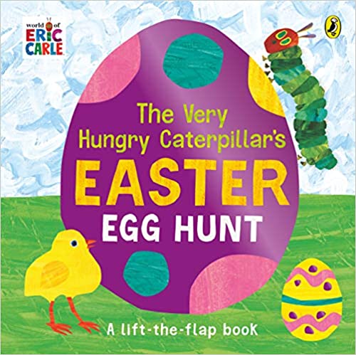 Lift-the-flap book cover with The Very Hungry Caterpillar, a large spotted purple egg, and a yellow chick on green grass.
