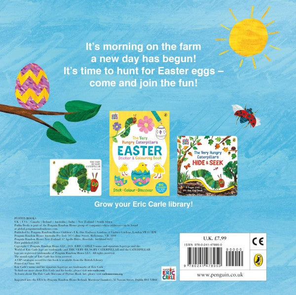 Back cover of a children's book featuring a bright yellow sun and colorful caterpillar art on a textured blue sky.