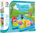 Preschool game box featuring pink pigs, a gray wolf, and toy houses on a blue 3D puzzle board with green tiles.