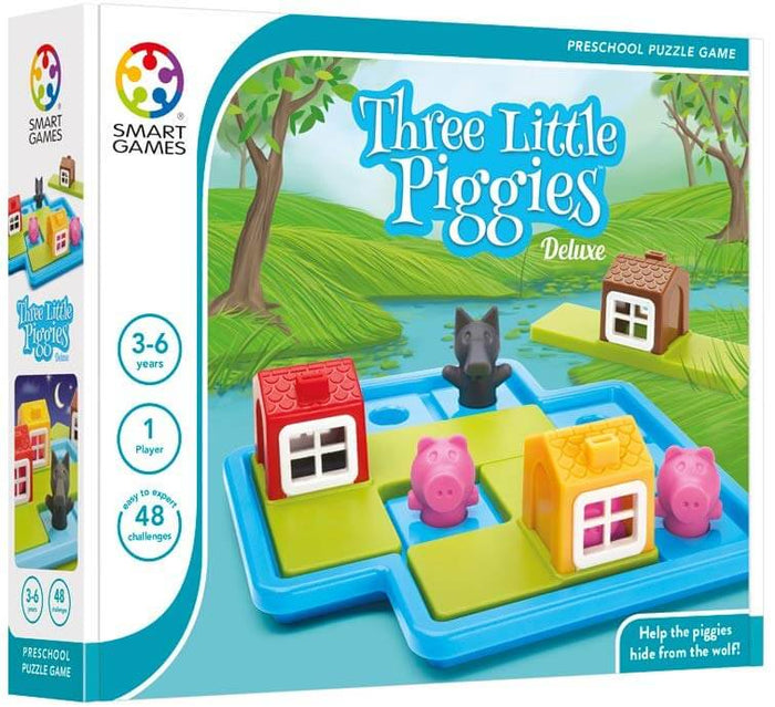 Preschool game box featuring pink pigs, a gray wolf, and toy houses on a blue 3D puzzle board with green tiles.