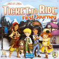 Four children and a dog stand in front of a steam train in a snowy landscape on this colorful board game box cover.