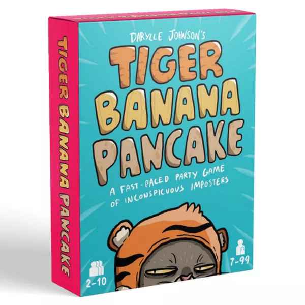 Bright blue box with pink sides, orange bubble letters, and an illustration of a grumpy cat wearing a tiger hat.