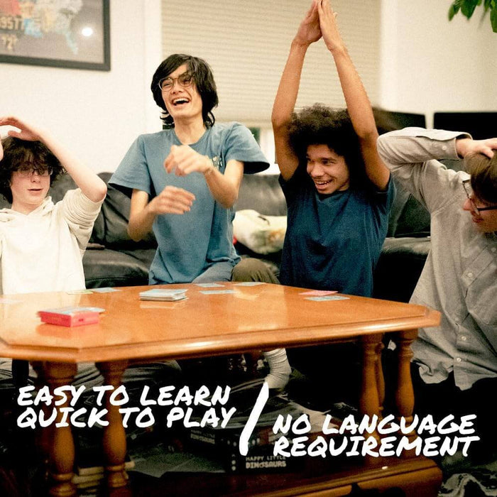 Four people cheer during a card game. Text overlays say Easy to Learn, Quick to Play, and No Language Requirement.