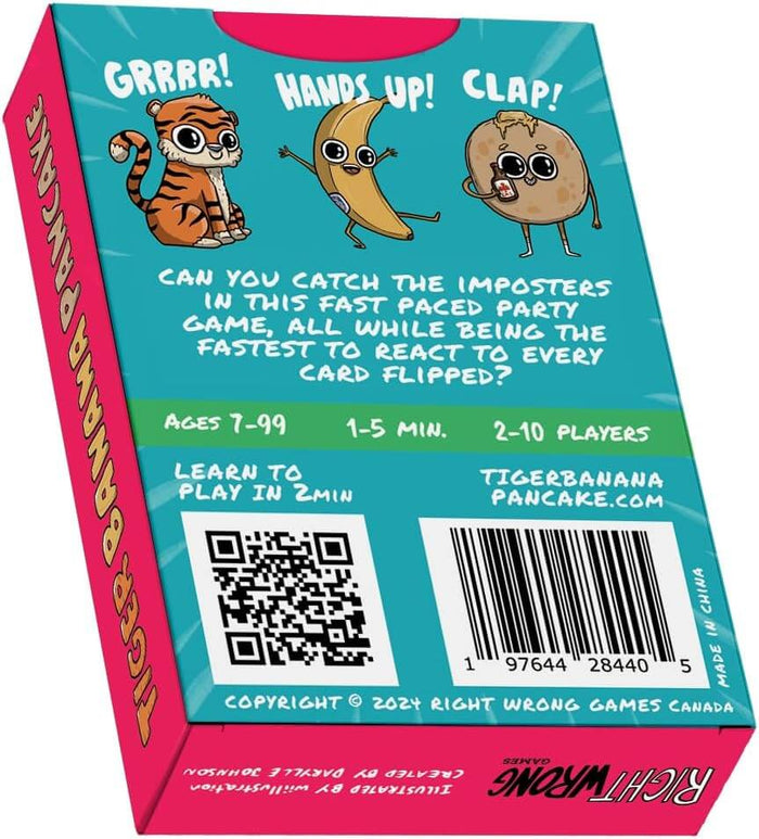 Teal and pink card game box with cartoon tiger, banana, and pancake characters, game details, and a barcode.