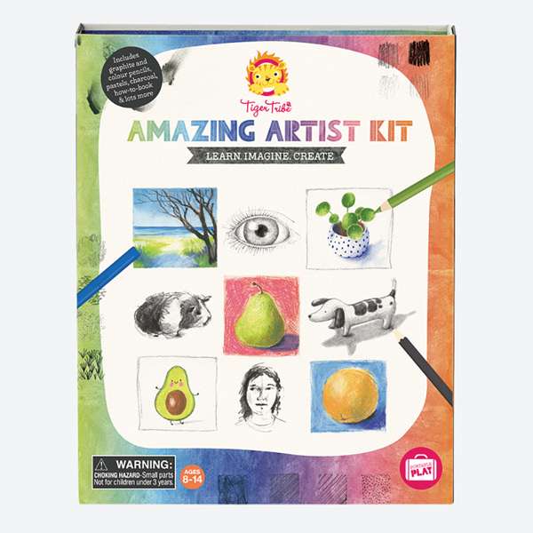 Tiger Tribe art kit in a colorful square box with sample sketches of a dog, eye, pear, and landscape.